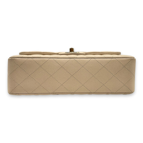 Quilted CC Classic Small Beige Double Flap Bag in Caviar Leather, Gold hardware