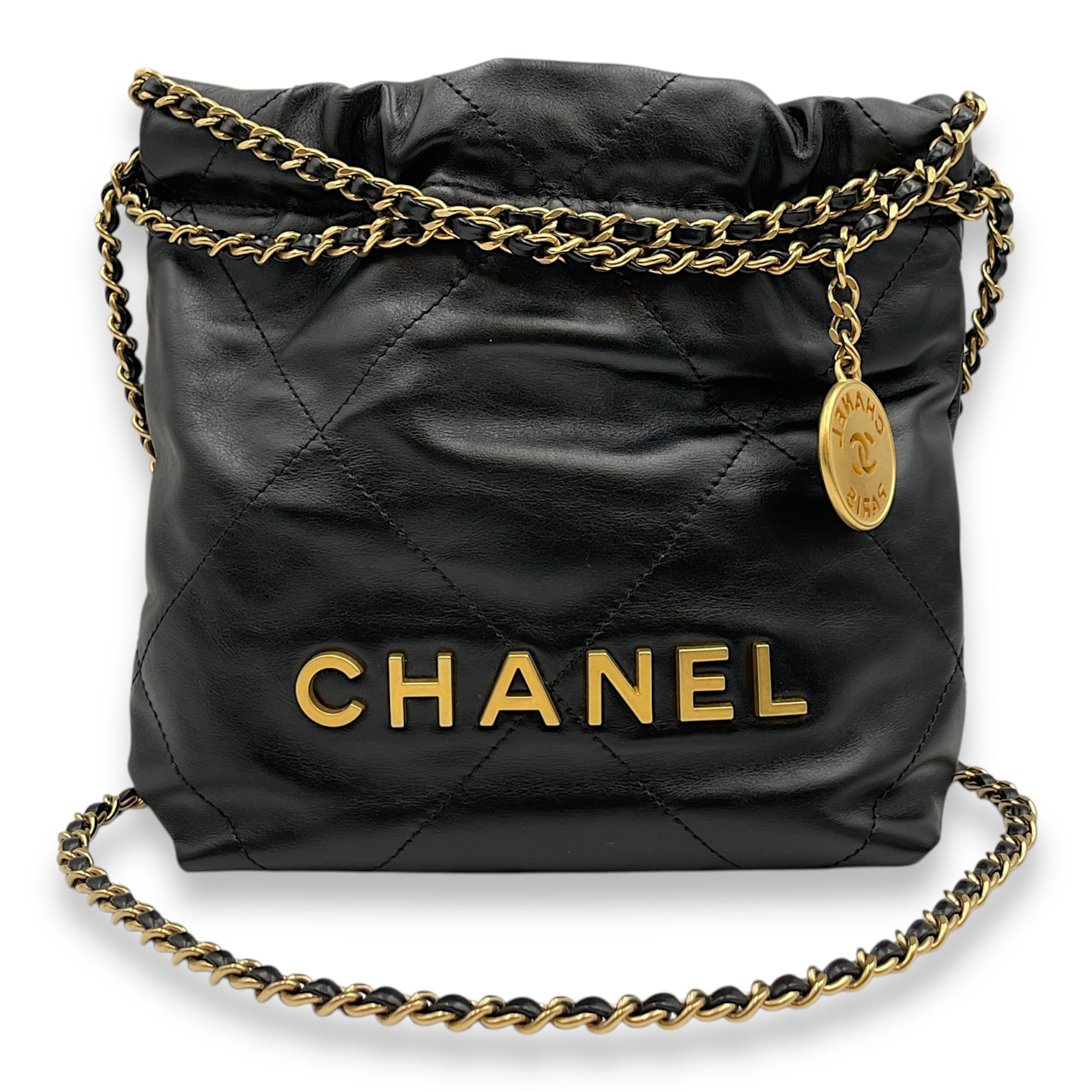 C22 Mini Black Tote Bag in Calfskin, Gold hardware