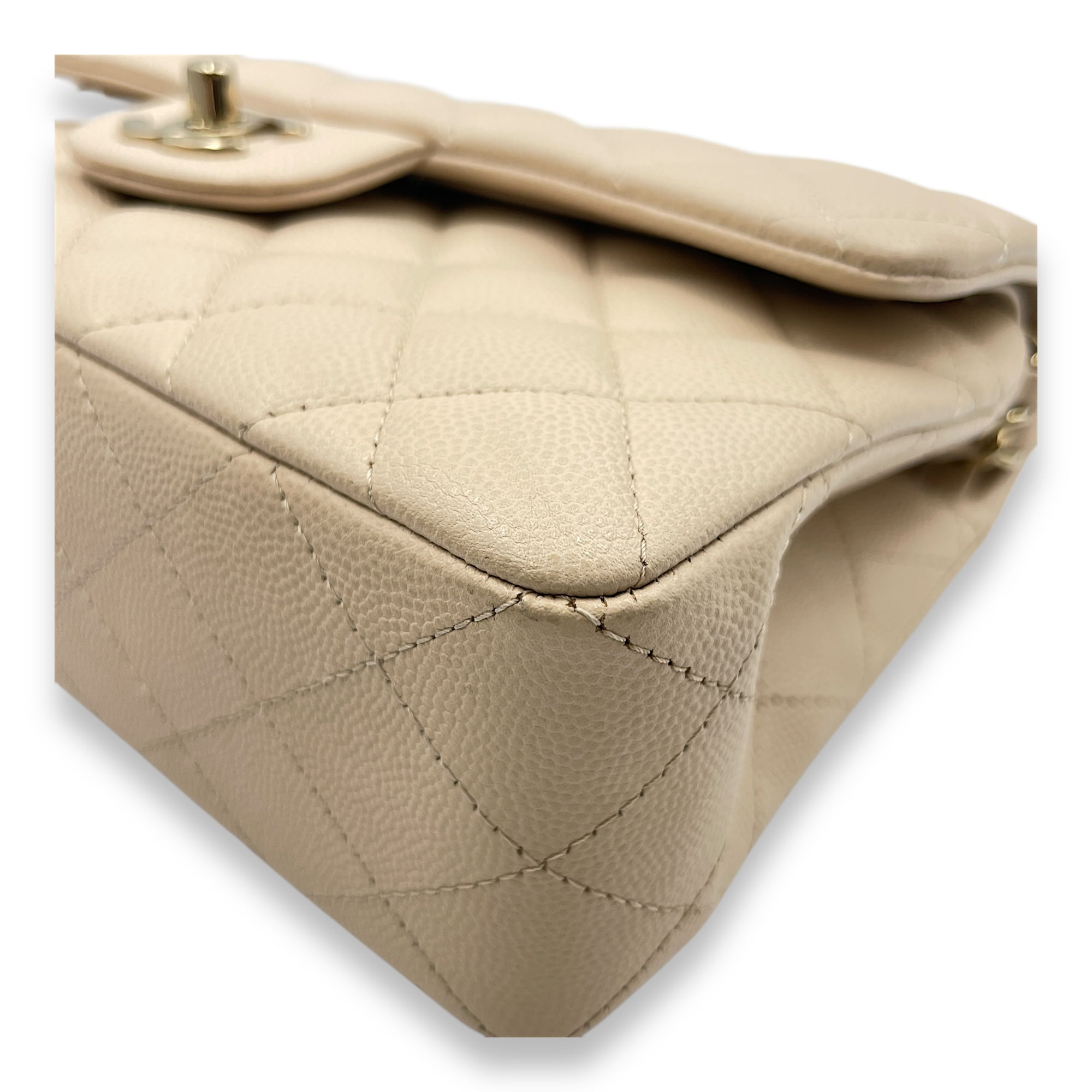 Quilted CC Classic Small Beige Double Flap Bag in Caviar Leather, Gold hardware