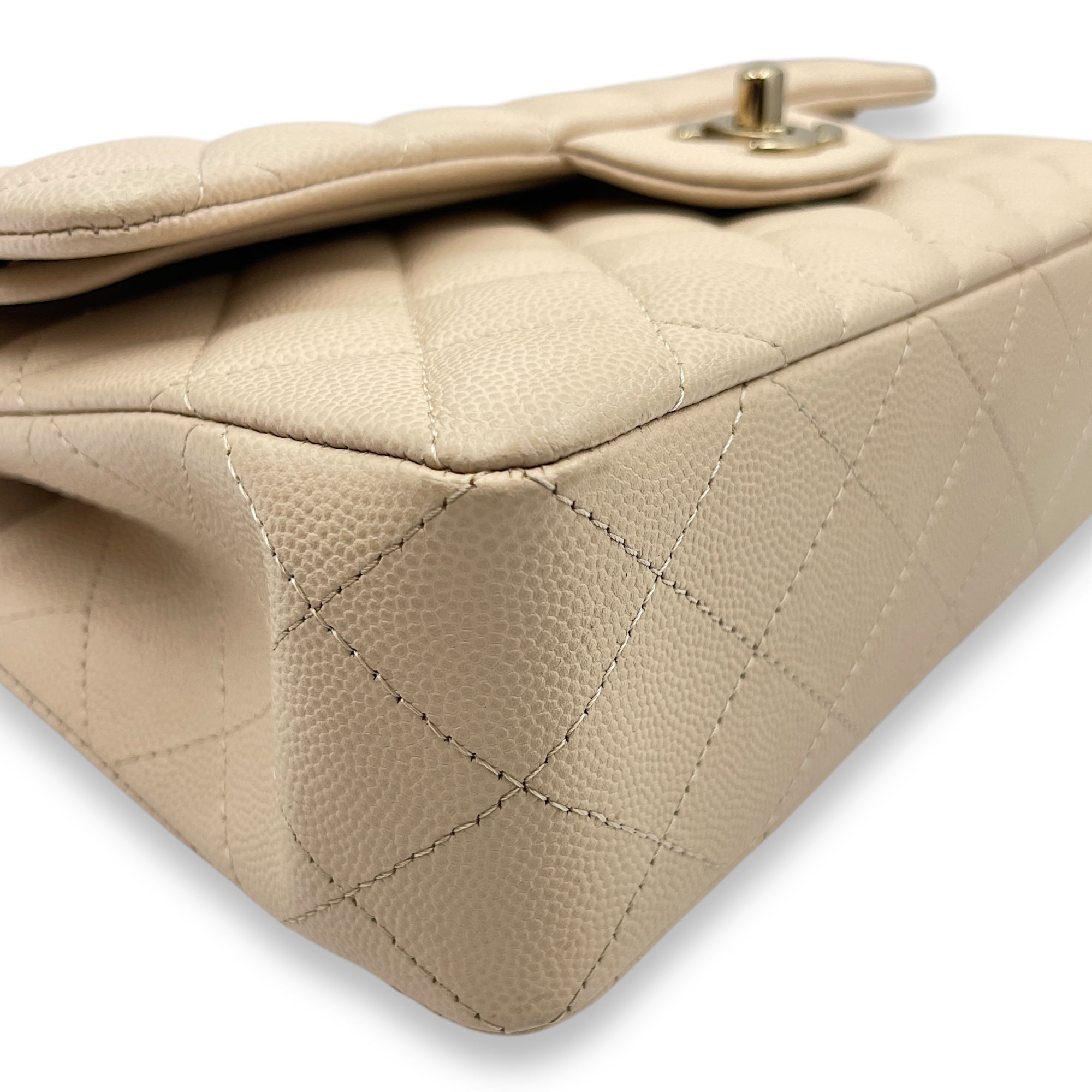 Quilted CC Classic Small Beige Double Flap Bag in Caviar Leather, Gold hardware