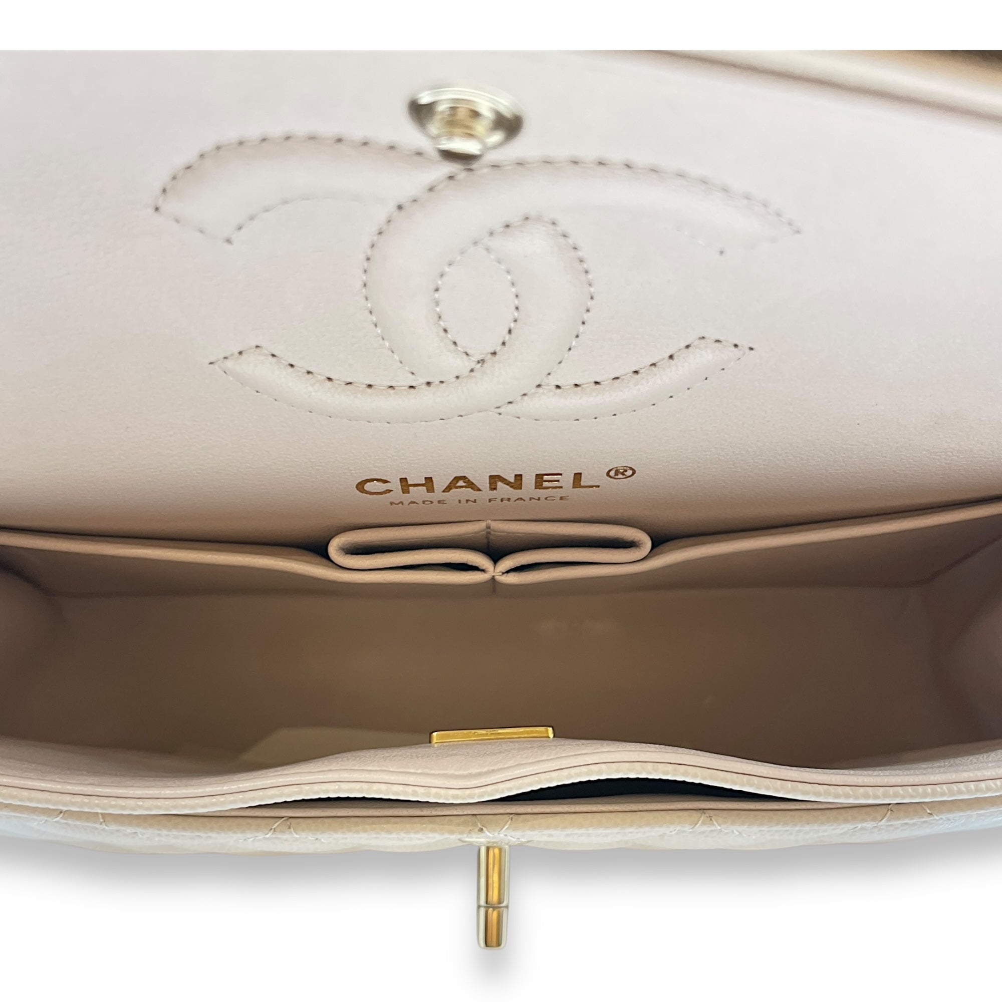 Quilted CC Classic Small Beige Double Flap Bag in Caviar Leather, Gold hardware