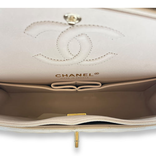 Quilted CC Classic Small Beige Double Flap Bag in Caviar Leather, Gold hardware