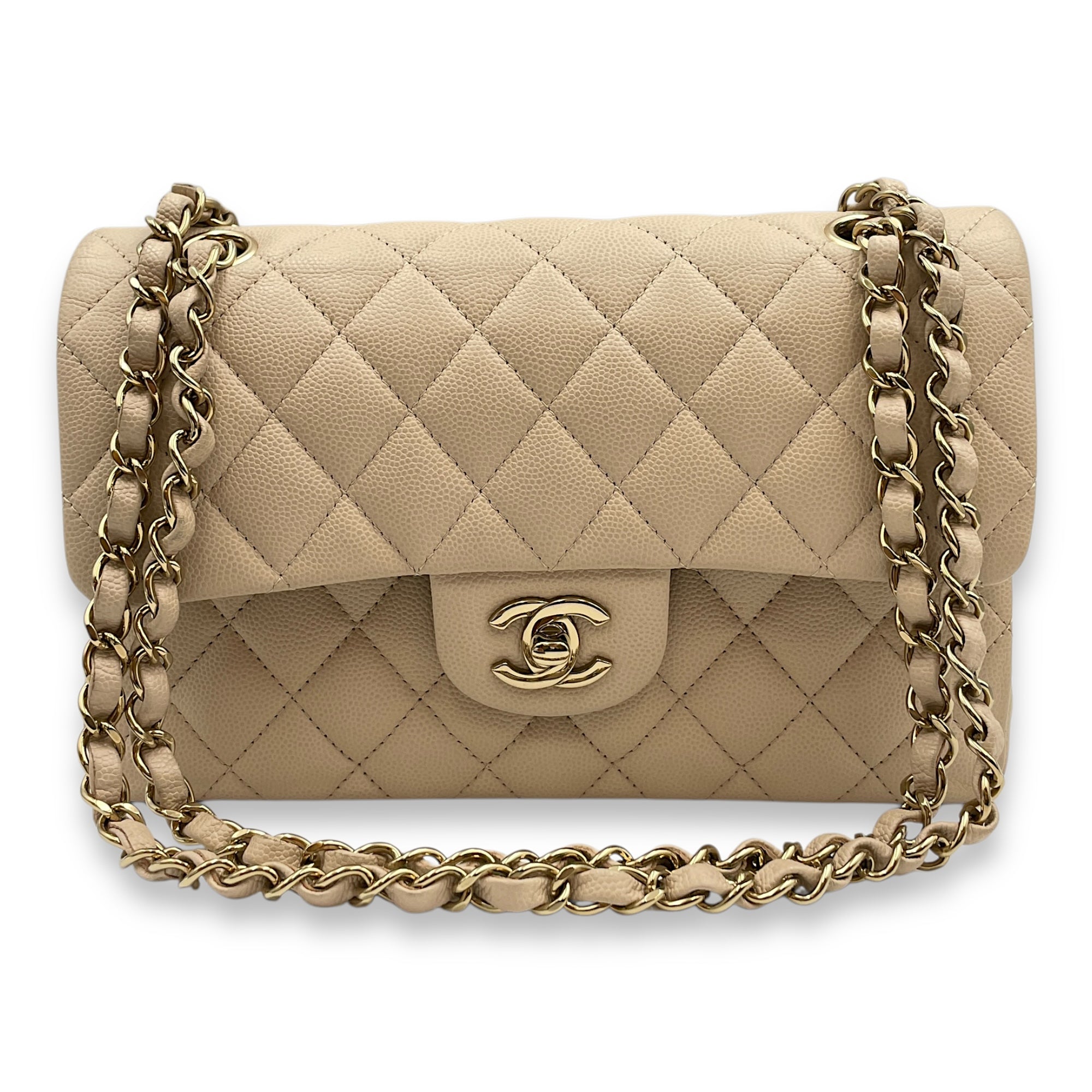 Quilted CC Classic Small Beige Double Flap Bag in Caviar Leather, Gold hardware