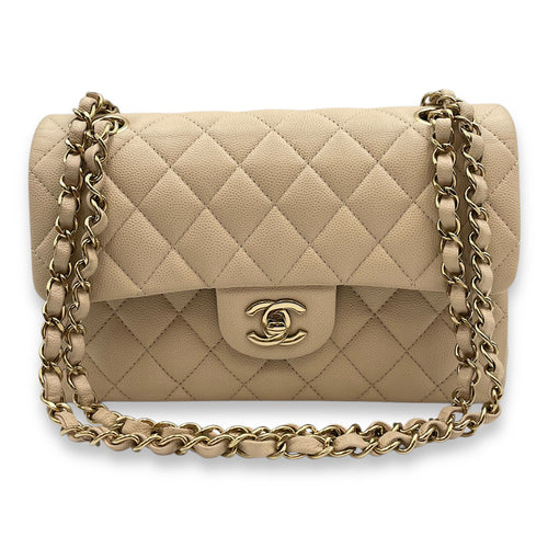 Quilted CC Classic Small Beige Double Flap Bag in Caviar Leather, Gold hardware
