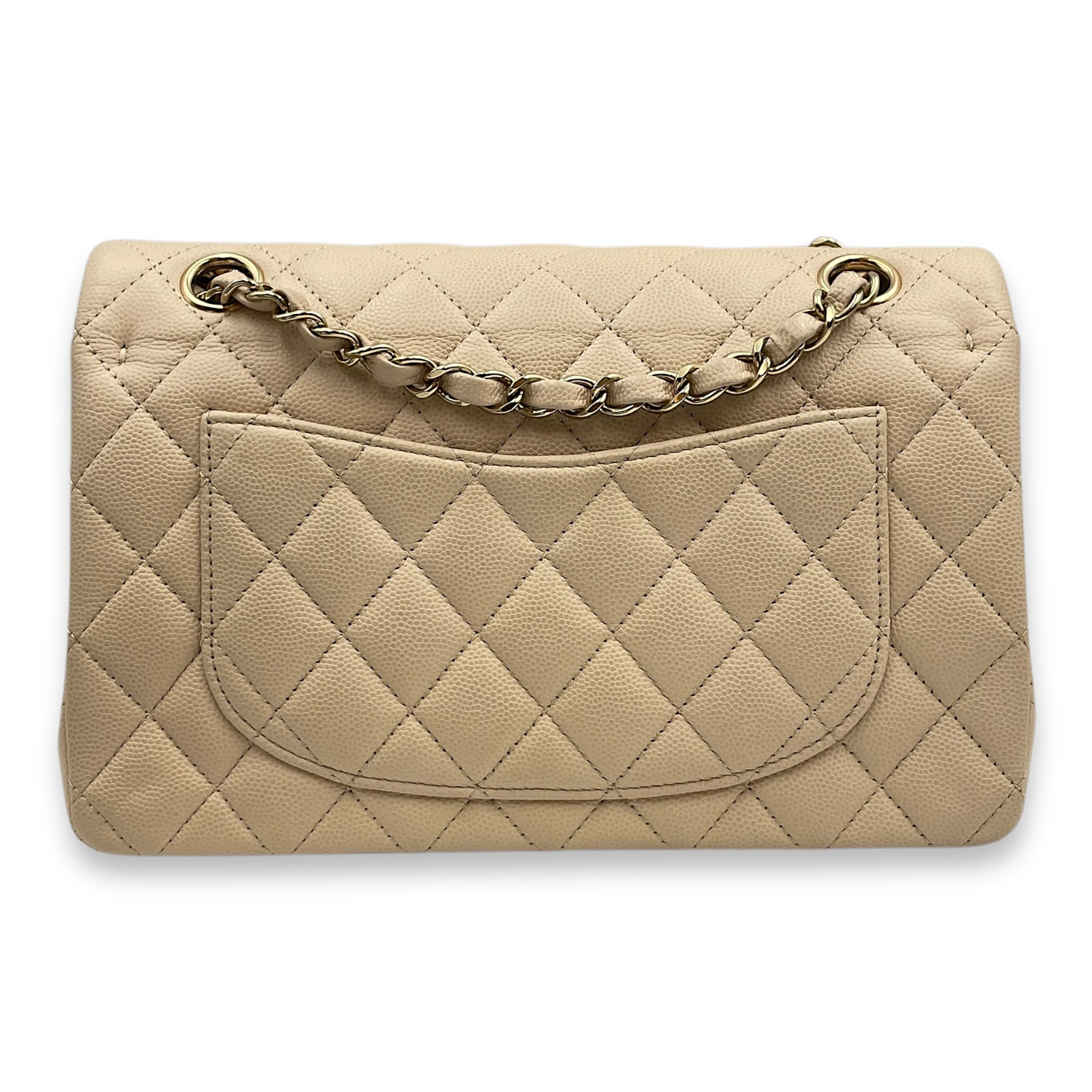Quilted CC Classic Small Beige Double Flap Bag in Caviar Leather, Gold hardware