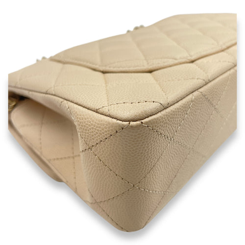 Quilted CC Classic Small Beige Double Flap Bag in Caviar Leather, Gold hardware