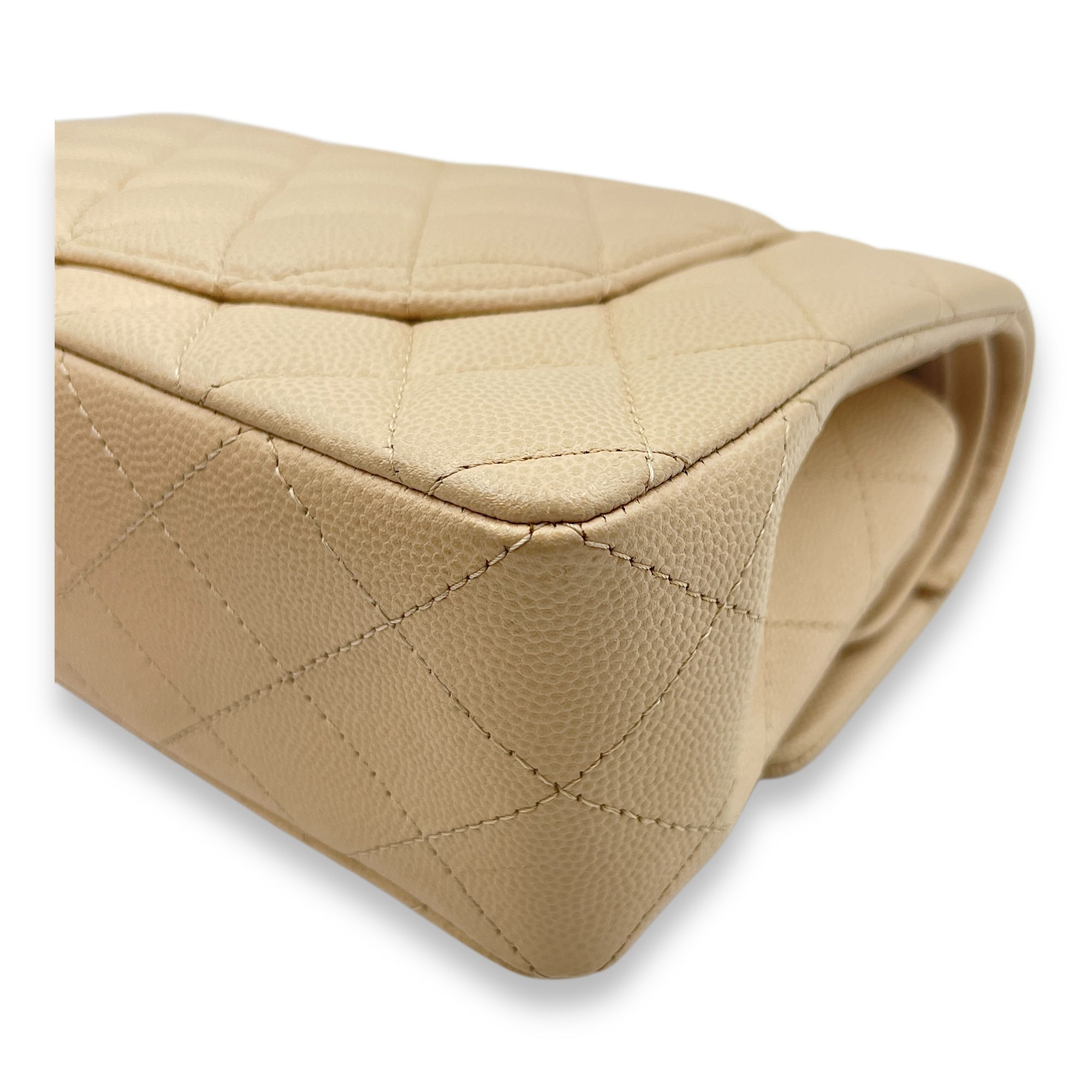 Quilted CC Classic Small Beige Double Flap Bag in Caviar Leather, Gold hardware