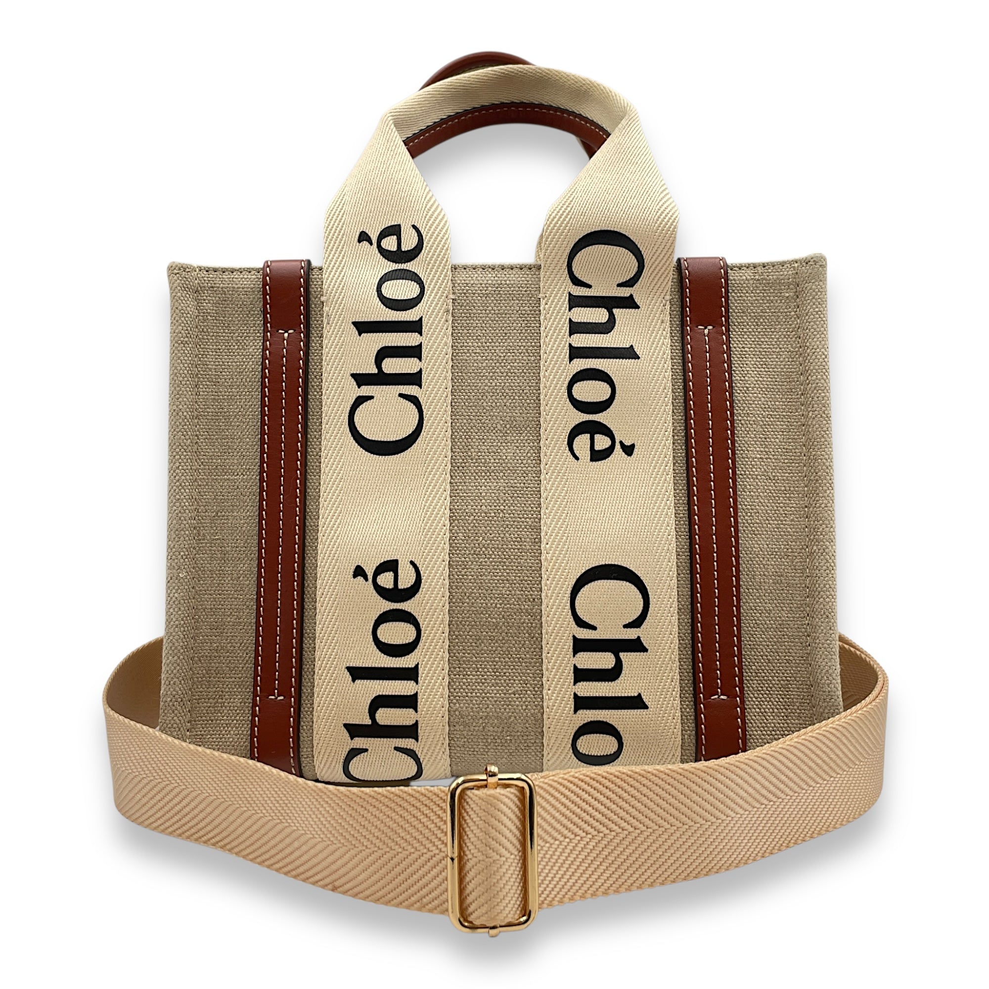 Woody Small Beige Tote Bag in Canvas, Gold hardware