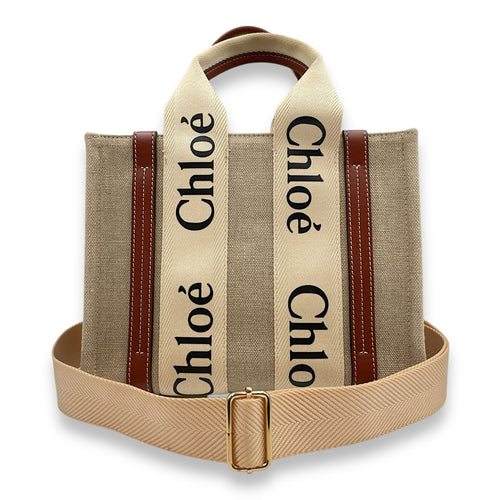 Woody Small Beige Tote Bag in Canvas, Gold hardware