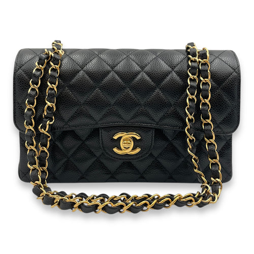 Classic Quilted Small Black Double Flap Bag in Caviar Leather, Gold hardware
