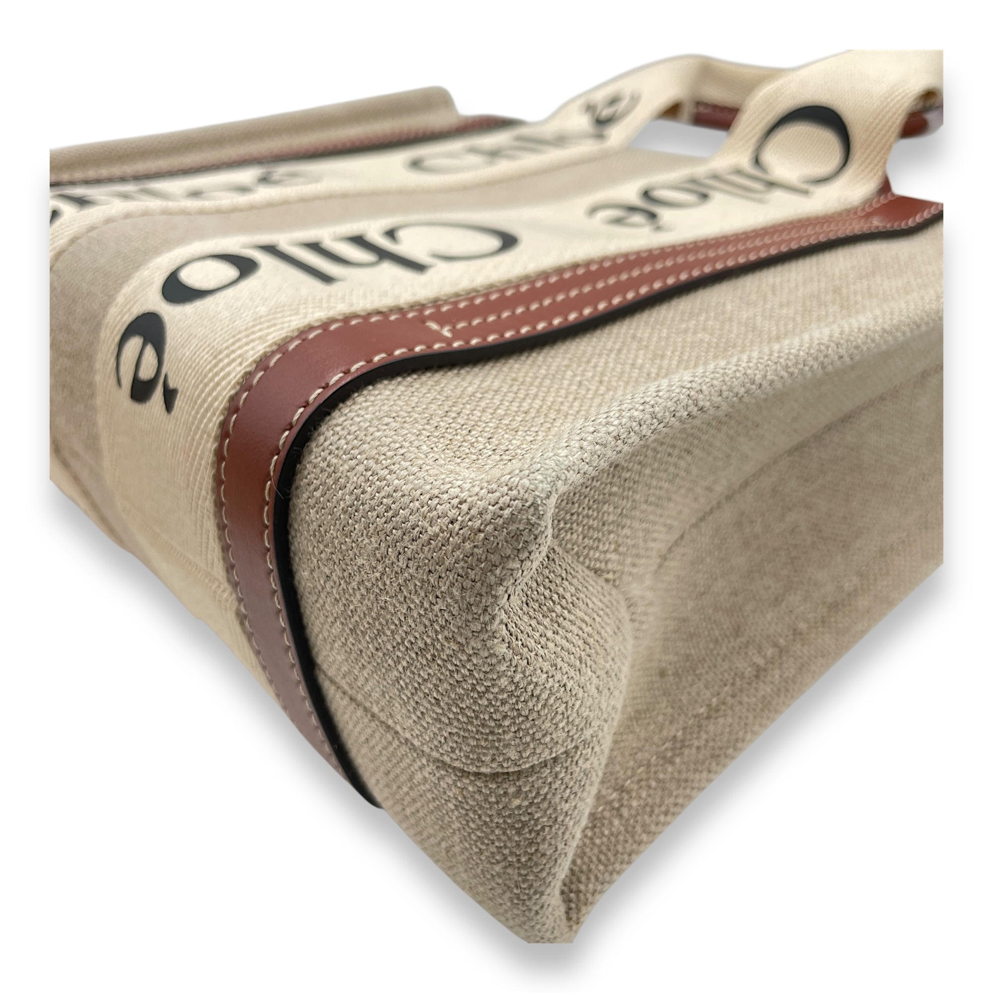 Woody Small Beige Tote Bag in Canvas, Gold hardware