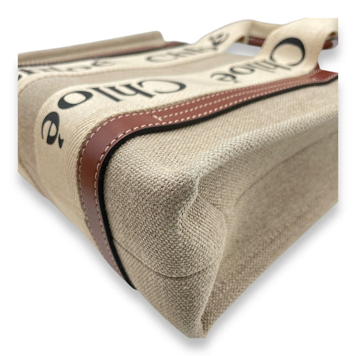 Woody Small Beige Tote Bag in Canvas, Gold hardware