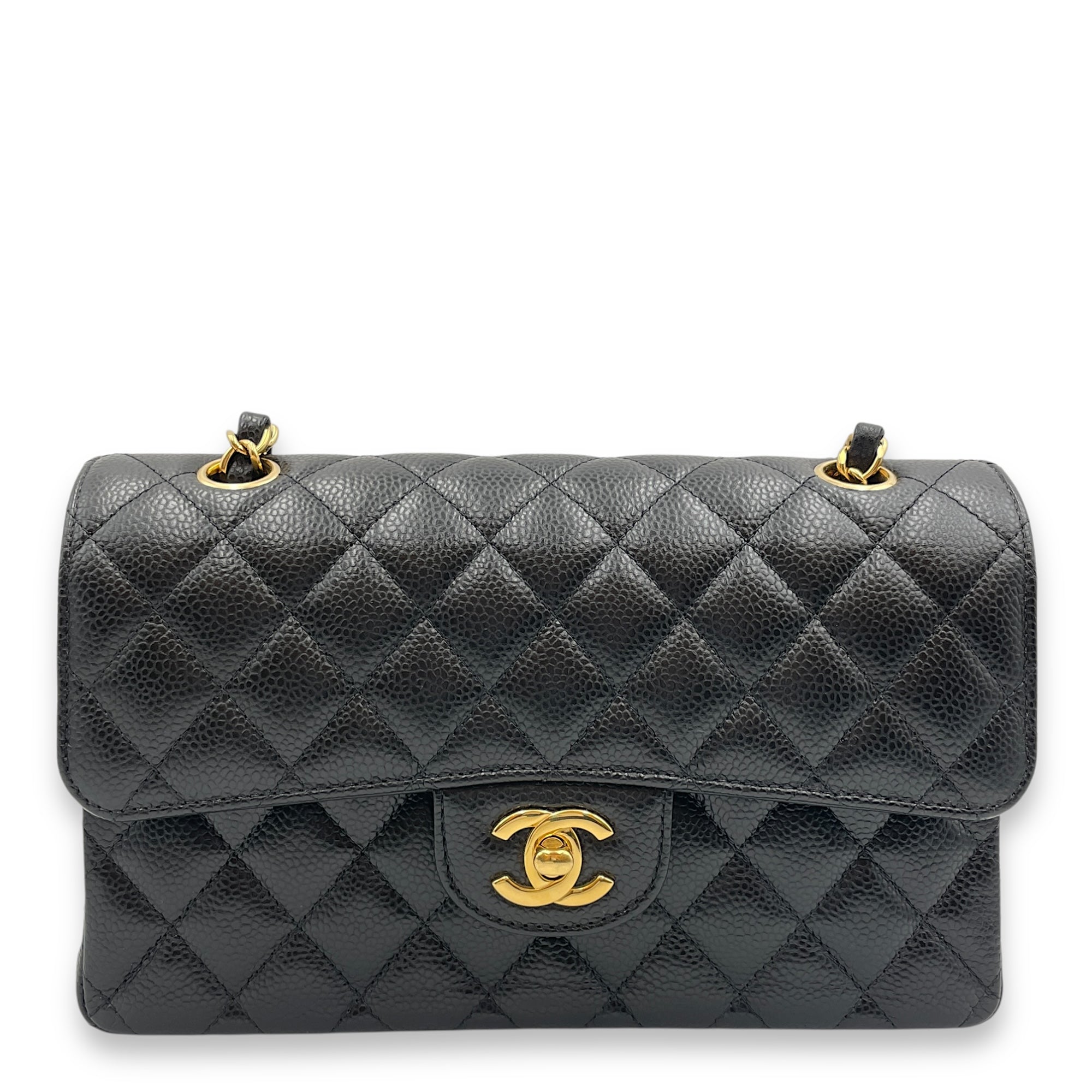 Classic Quilted Small Black Double Flap Bag in Caviar Leather, Gold hardware