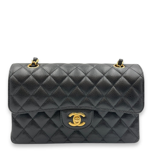 Classic Quilted Small Black Double Flap Bag in Caviar Leather, Gold hardware
