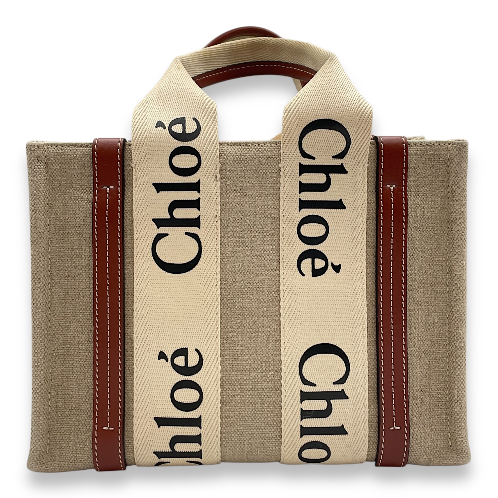Woody Small Beige Tote Bag in Canvas, Gold hardware
