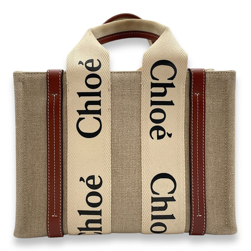Woody Small Beige Tote Bag in Canvas, Gold hardware
