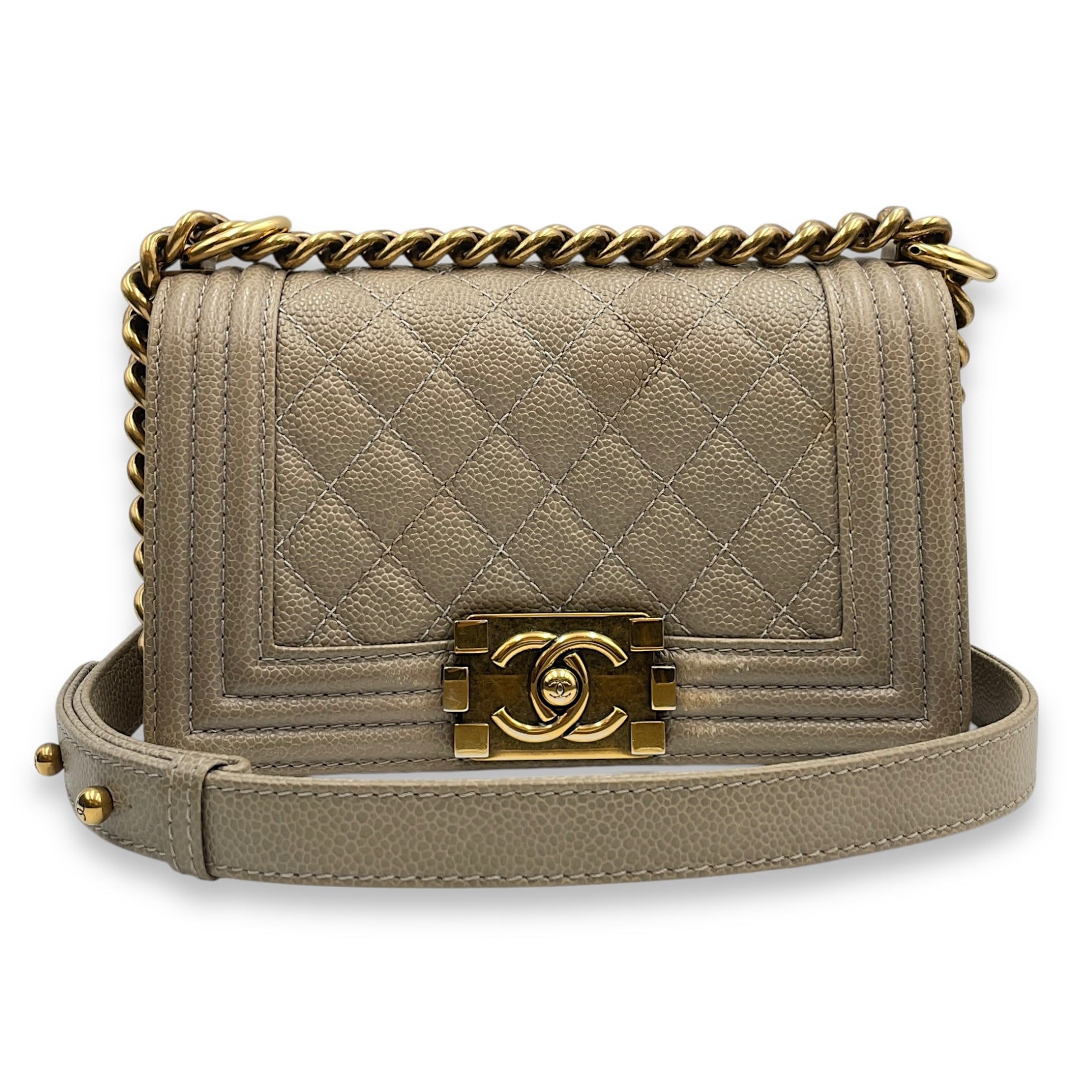 Quilted Le Boy Small Brown Shoulder Bag in Caviar Leather, Ruthenium hardware
