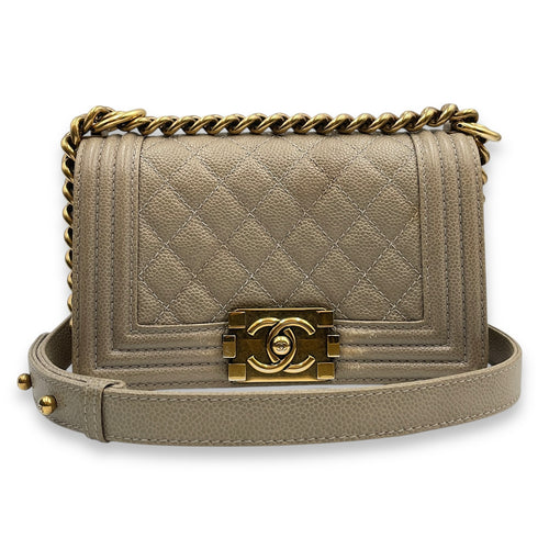Quilted Le Boy Small Brown Shoulder Bag in Caviar Leather, Ruthenium hardware