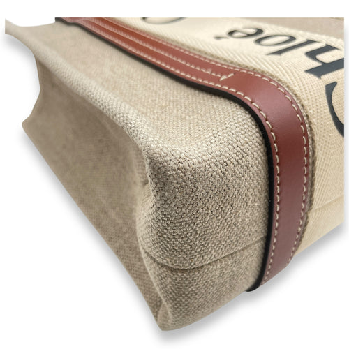 Woody Small Beige Tote Bag in Canvas, Gold hardware