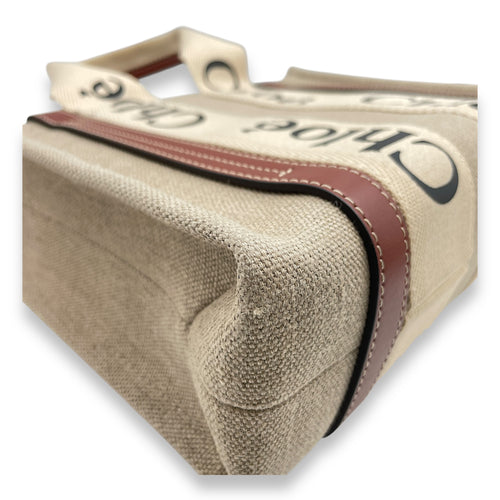 Woody Small Beige Tote Bag in Canvas, Gold hardware