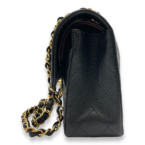 Classic Quilted Small Black Double Flap Bag in Caviar Leather, Gold hardware