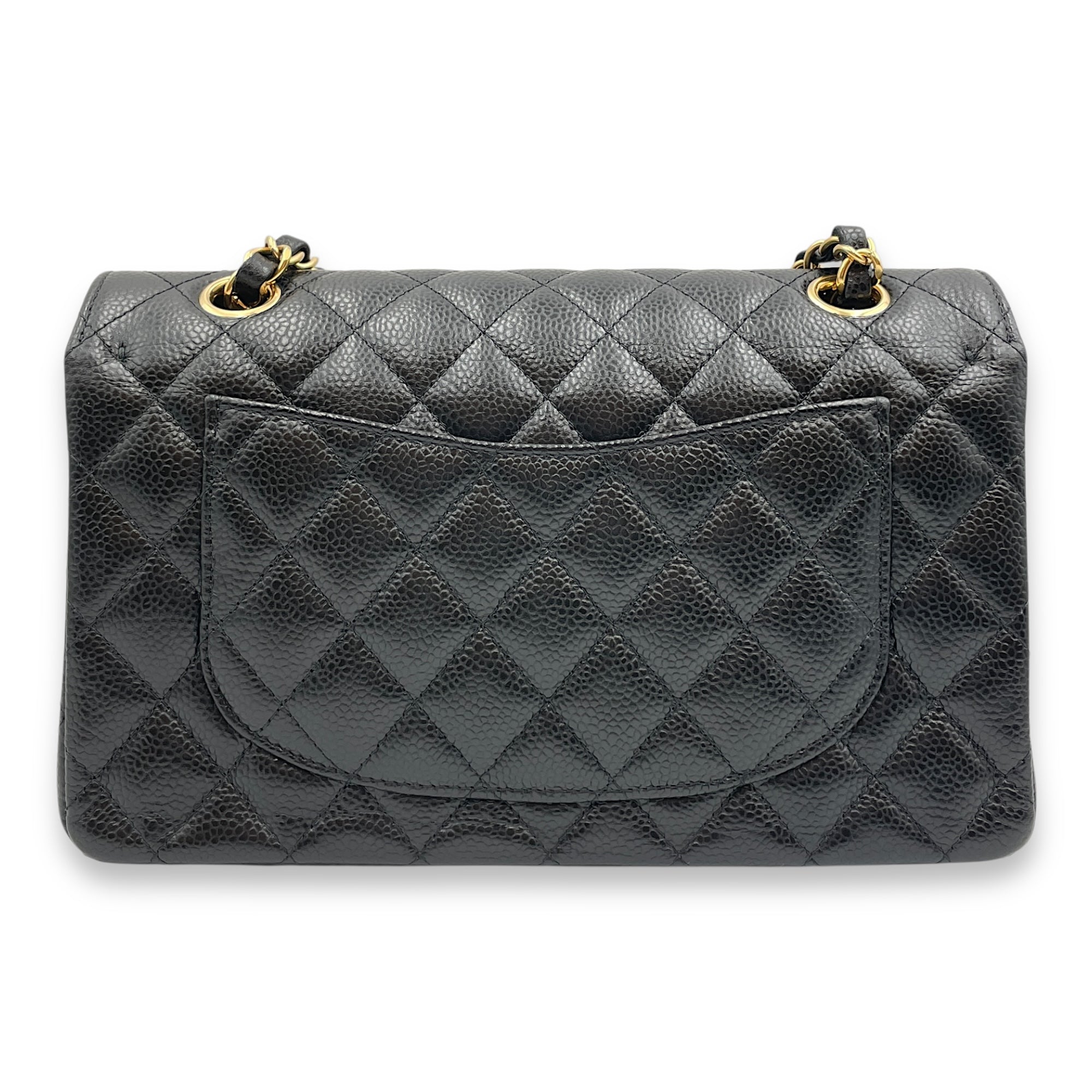 Classic Quilted Small Black Double Flap Bag in Caviar Leather, Gold hardware