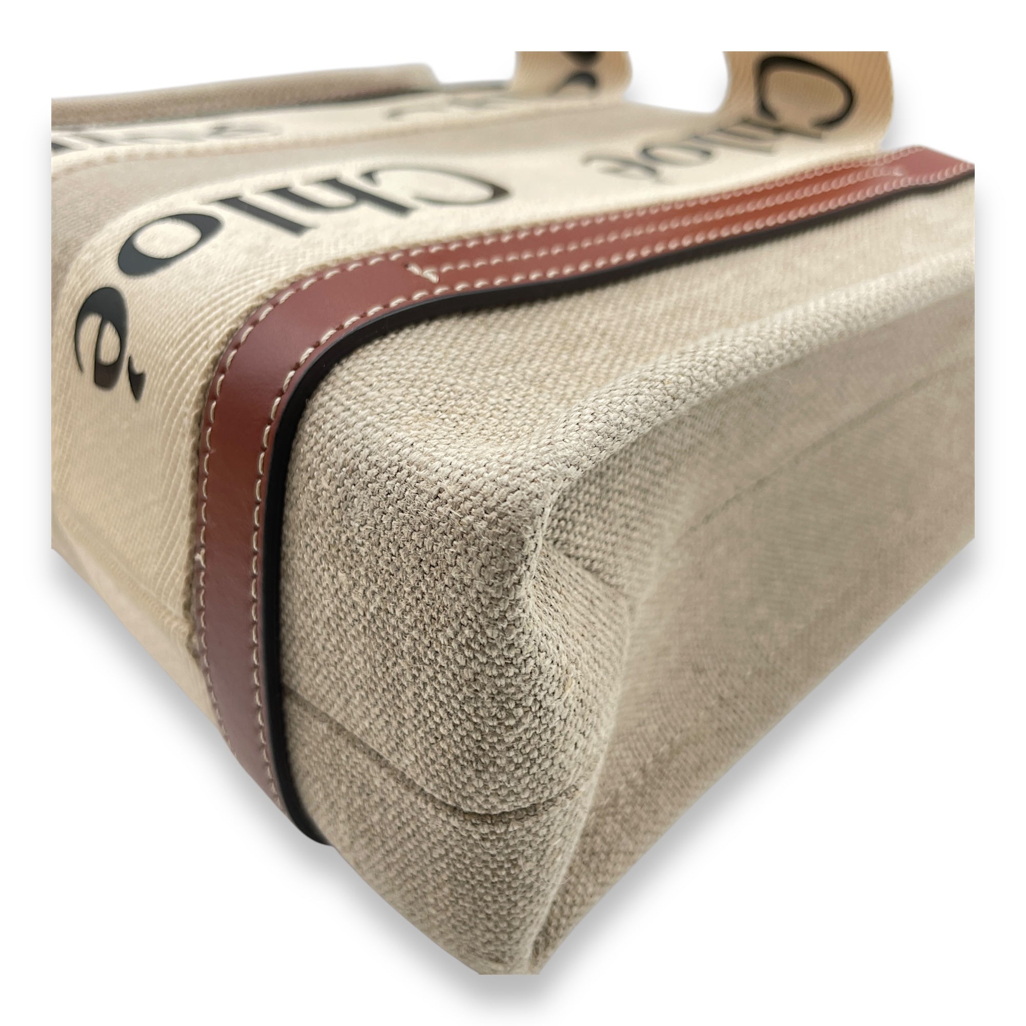 Woody Small Beige Tote Bag in Canvas, Gold hardware