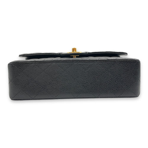 Classic Quilted Small Black Double Flap Bag in Caviar Leather, Gold hardware