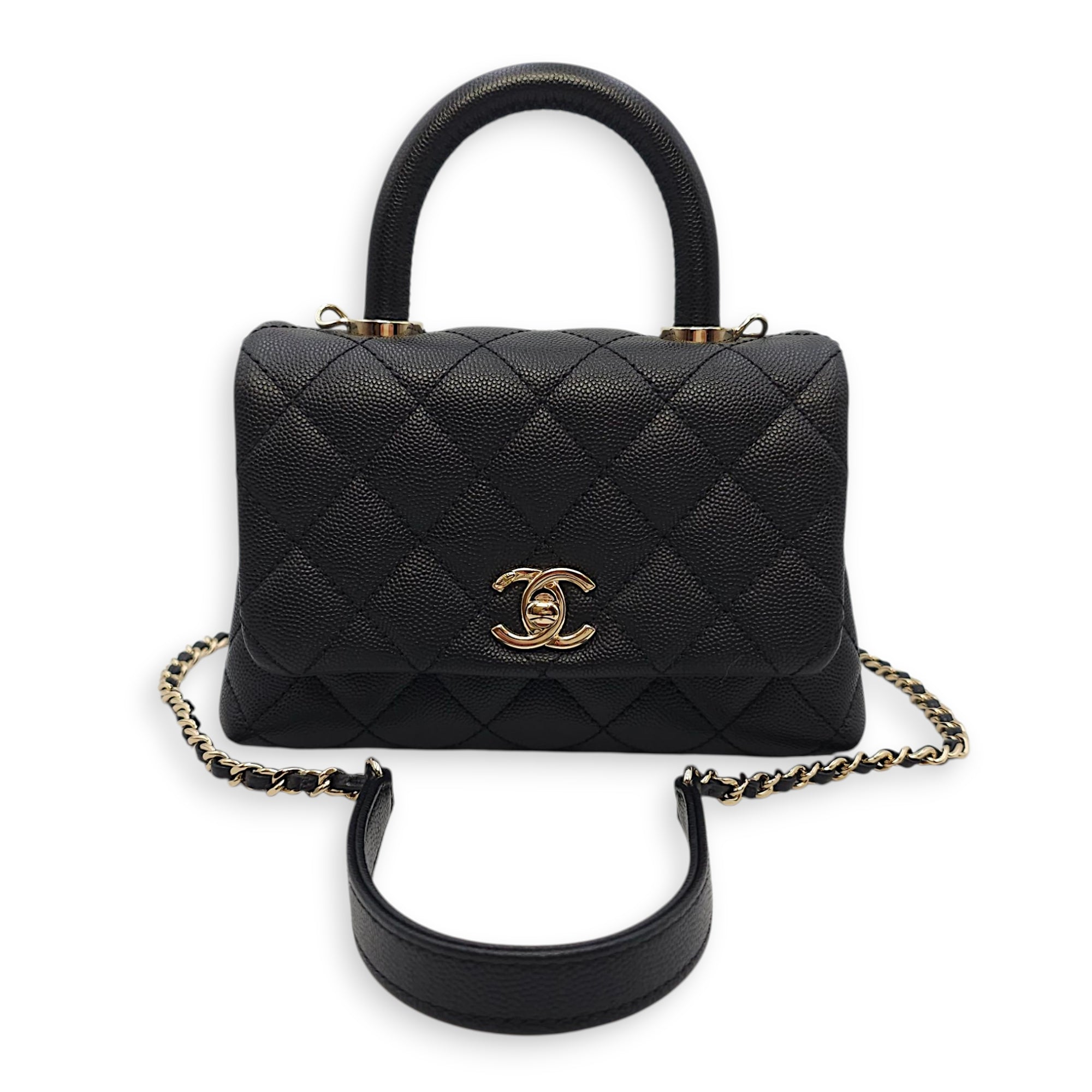 Quilted Coco Handle Mini Black Shoulder Bag in Caviar Leather, Gold hardware
