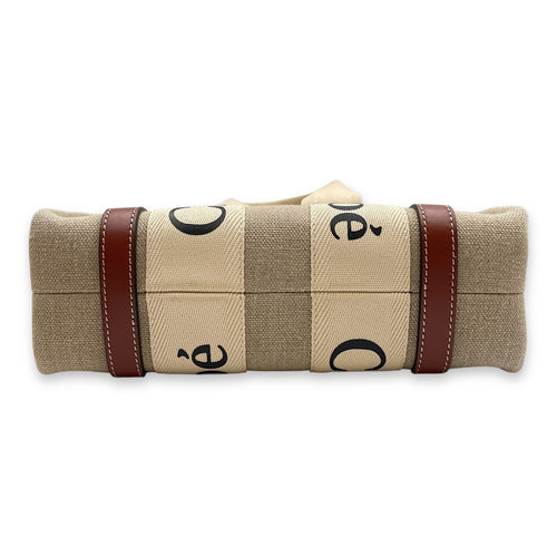 Woody Small Beige Tote Bag in Canvas, Gold hardware