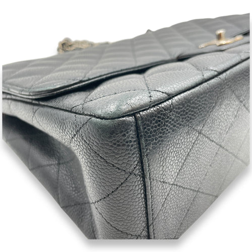 Quilted CC Classic Maxi Black Double Flap Bag in Caviar Leather, Silver hardware