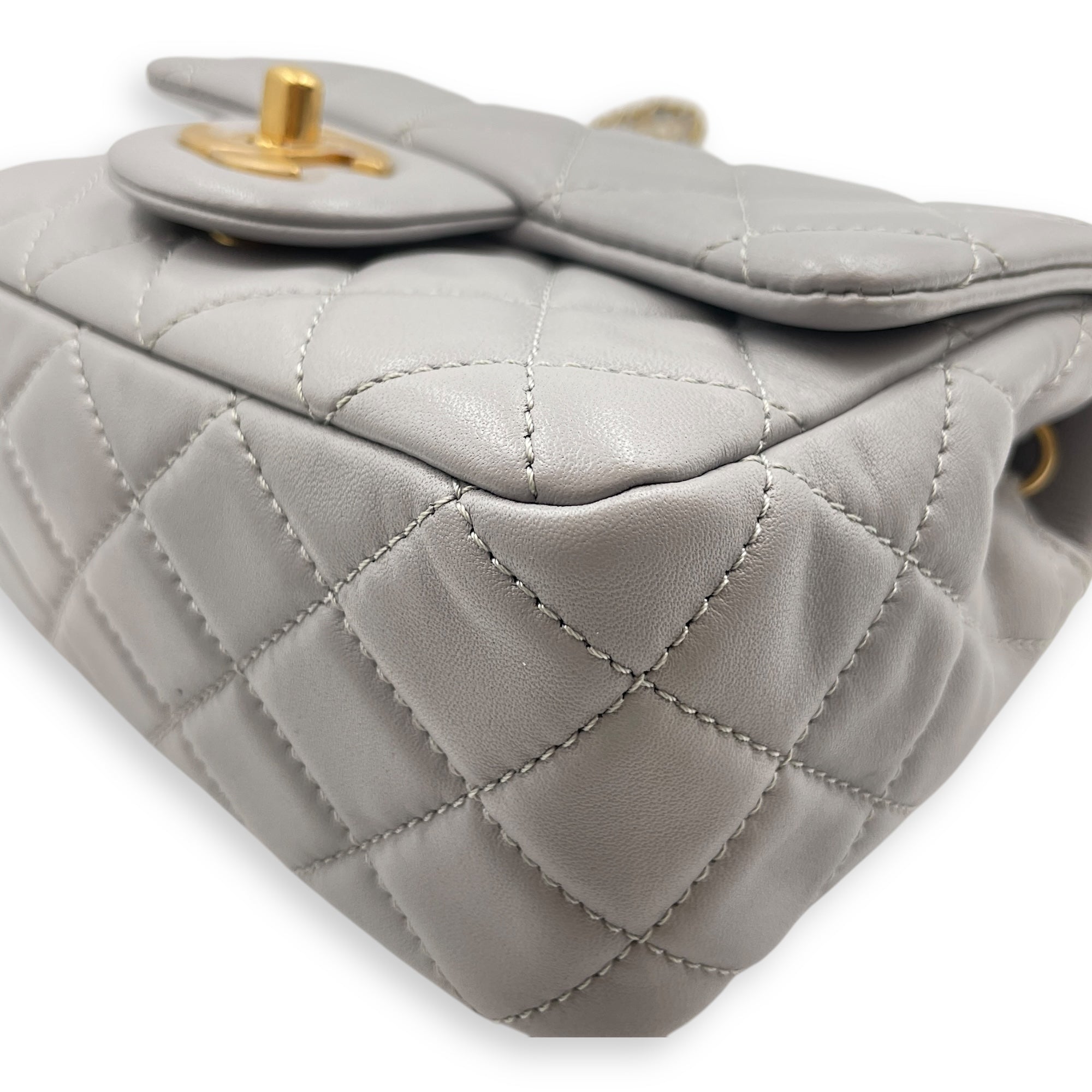 Quilted Pearl Crush Square Mini Grey Flap Bag with Adjustable Chain Strap in Lambskin, Brushed Gold hardware