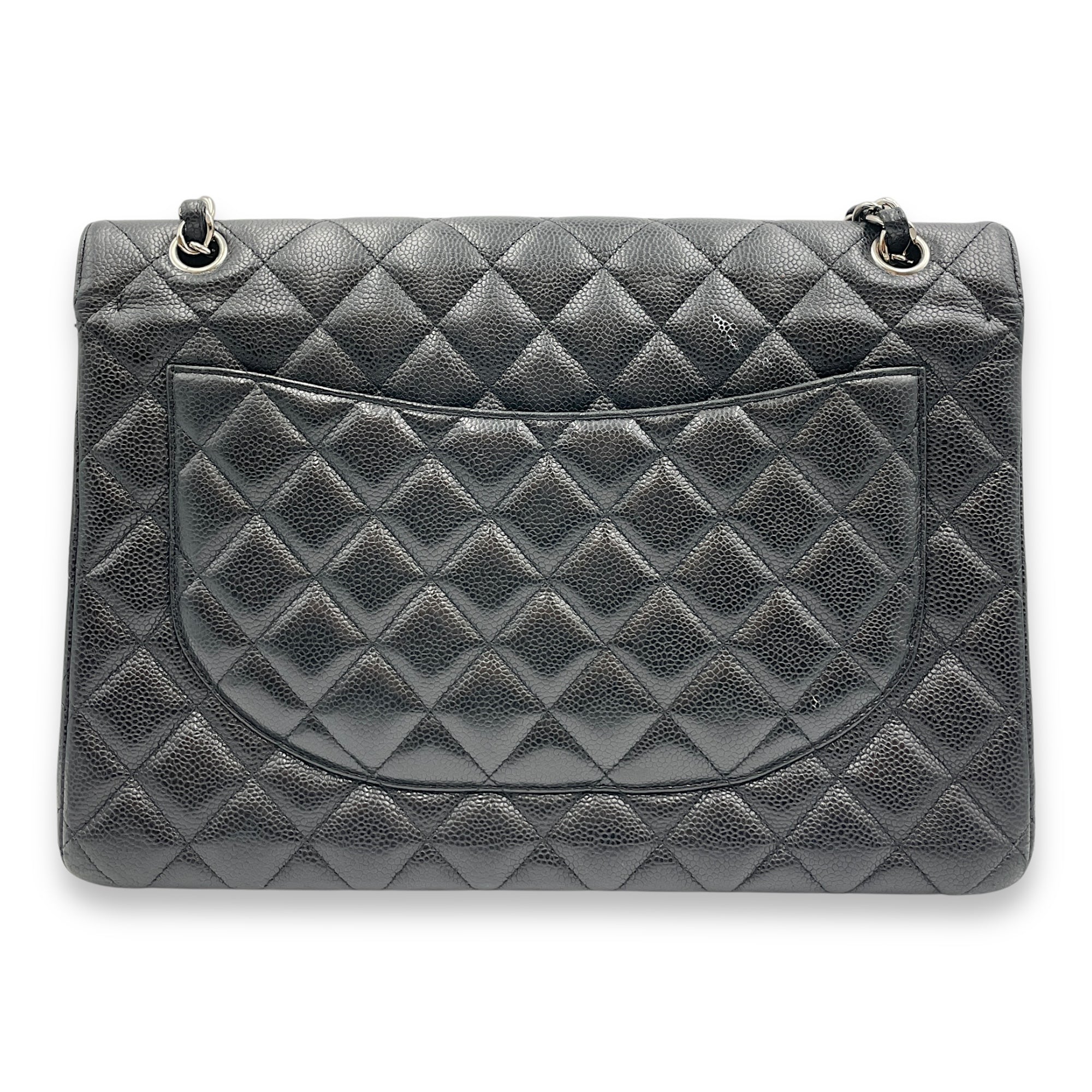 Quilted CC Classic Maxi Black Double Flap Bag in Caviar Leather, Silver hardware