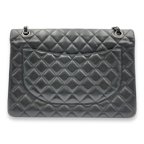 Quilted CC Classic Maxi Black Double Flap Bag in Caviar Leather, Silver hardware