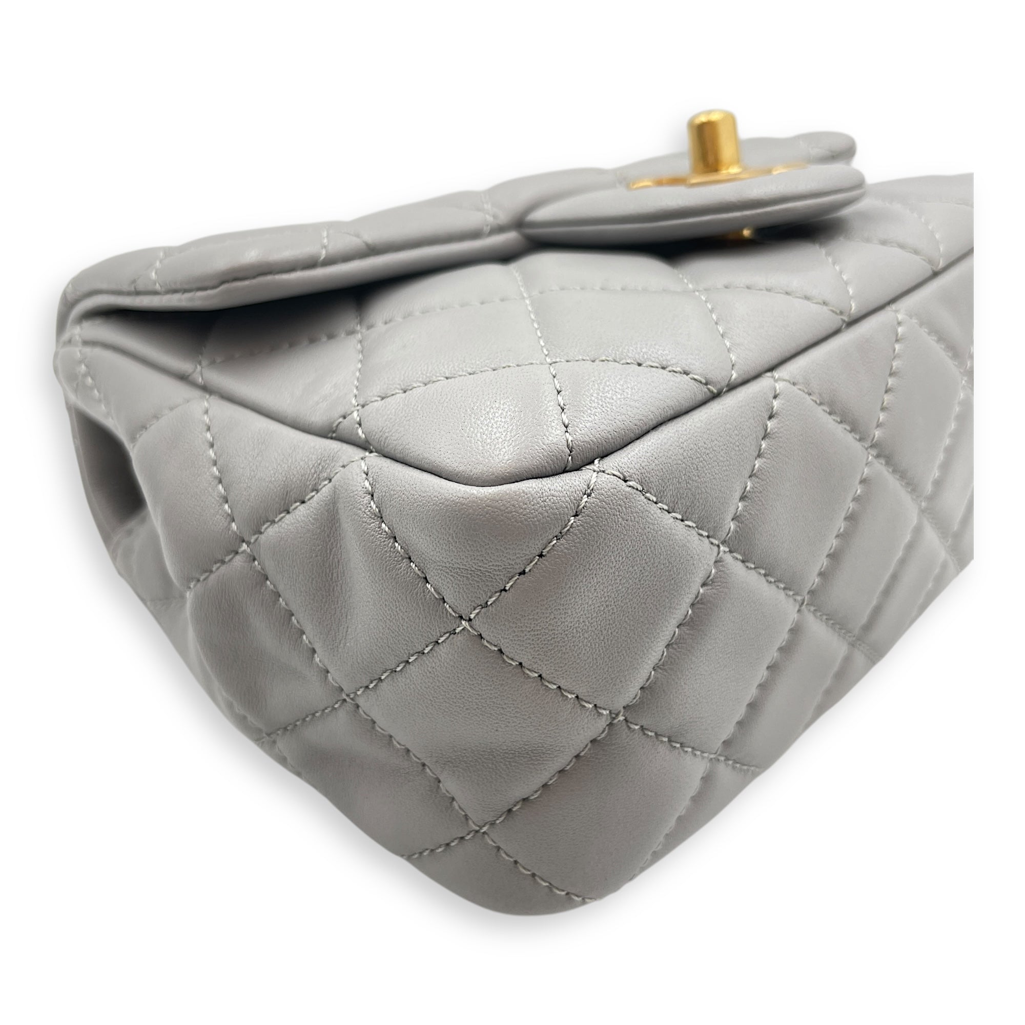 Quilted Pearl Crush Square Mini Grey Flap Bag with Adjustable Chain Strap in Lambskin, Brushed Gold hardware