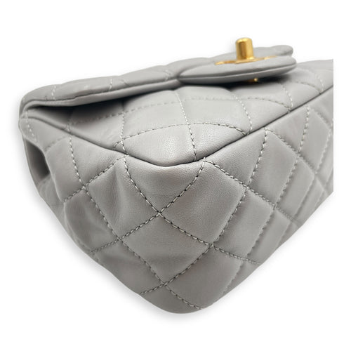 Quilted Pearl Crush Square Mini Grey Flap Bag with Adjustable Chain Strap in Lambskin, Brushed Gold hardware