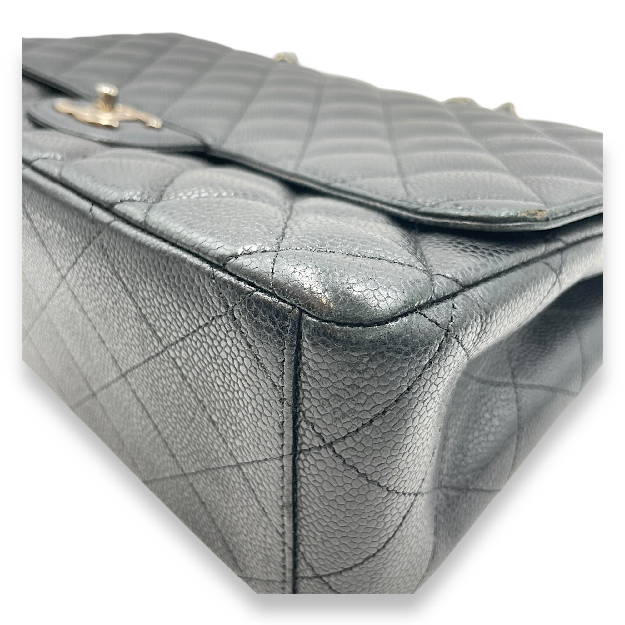 Quilted CC Classic Maxi Black Double Flap Bag in Caviar Leather, Silver hardware