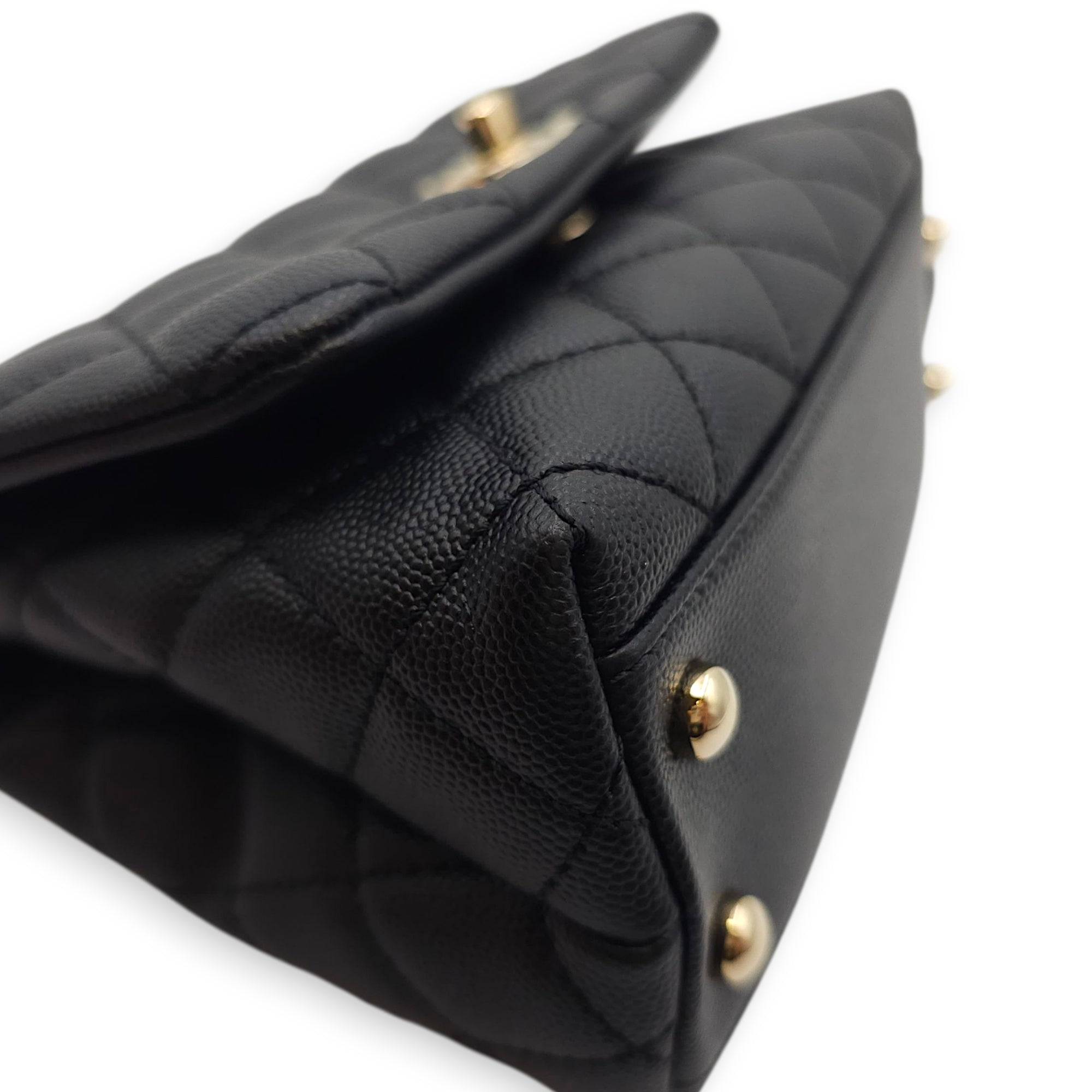 Quilted Coco Handle Mini Black Shoulder Bag in Caviar Leather, Gold hardware