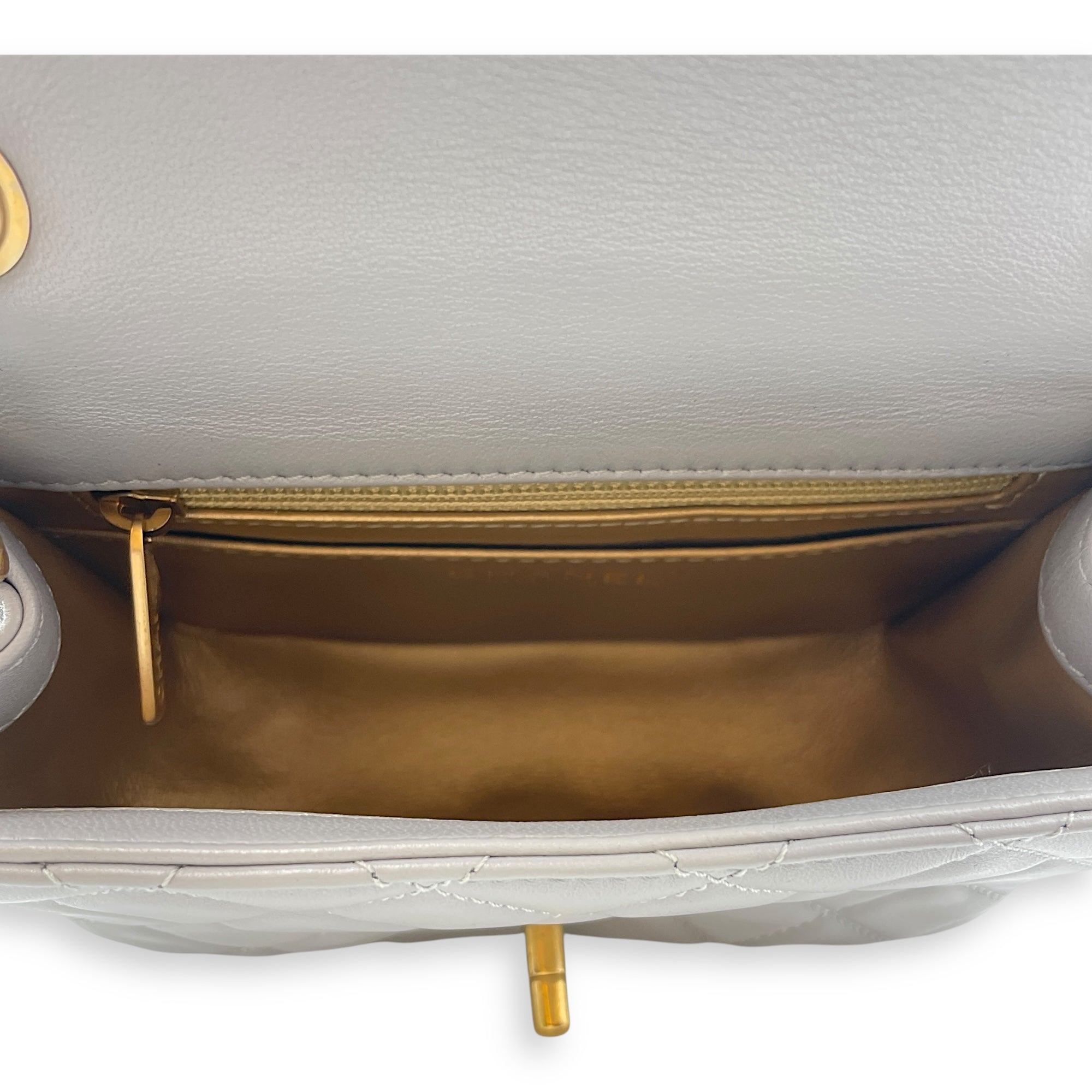 Quilted Pearl Crush Square Mini Grey Flap Bag with Adjustable Chain Strap in Lambskin, Brushed Gold hardware