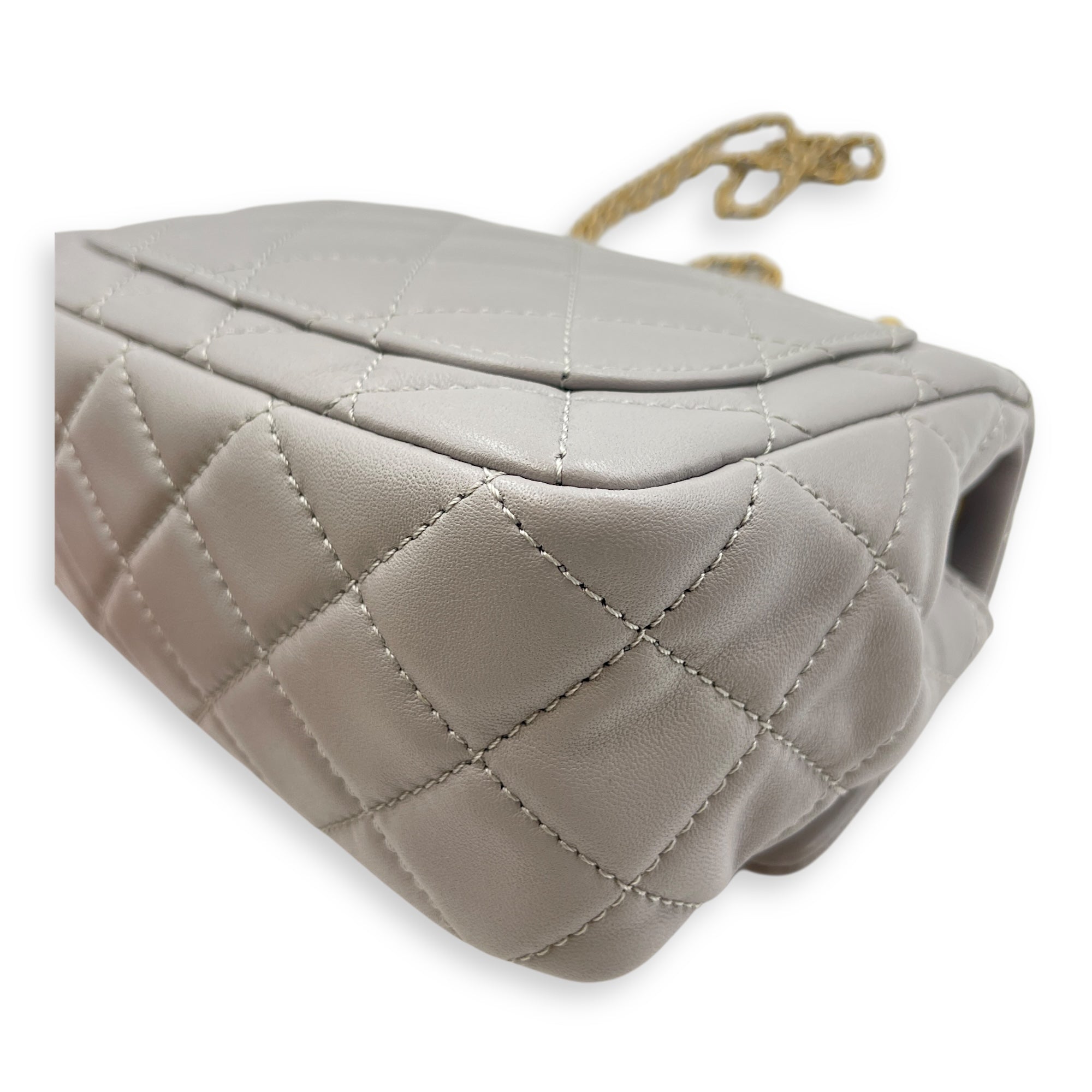 Quilted Pearl Crush Square Mini Grey Flap Bag with Adjustable Chain Strap in Lambskin, Brushed Gold hardware