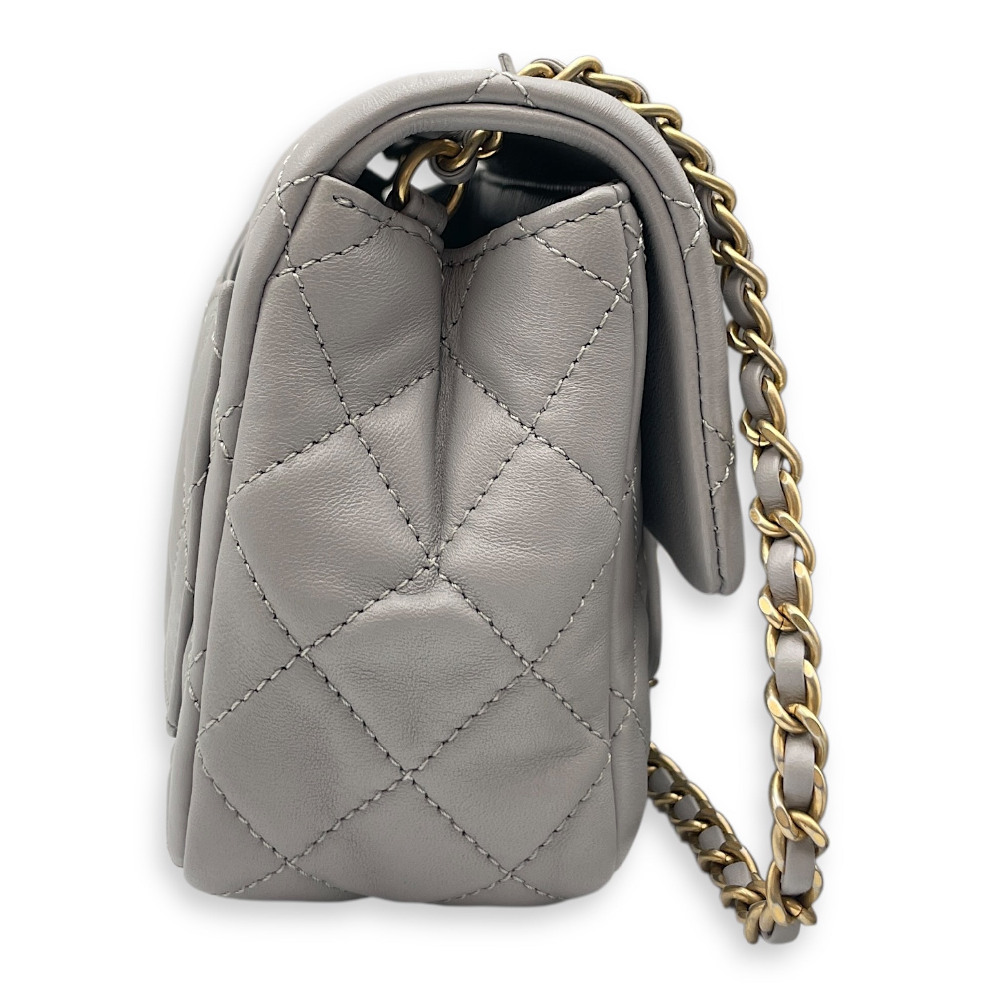 Quilted Pearl Crush Square Mini Grey Flap Bag with Adjustable Chain Strap in Lambskin, Brushed Gold hardware