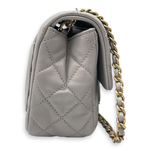 Quilted Pearl Crush Square Mini Grey Flap Bag with Adjustable Chain Strap in Lambskin, Brushed Gold hardware