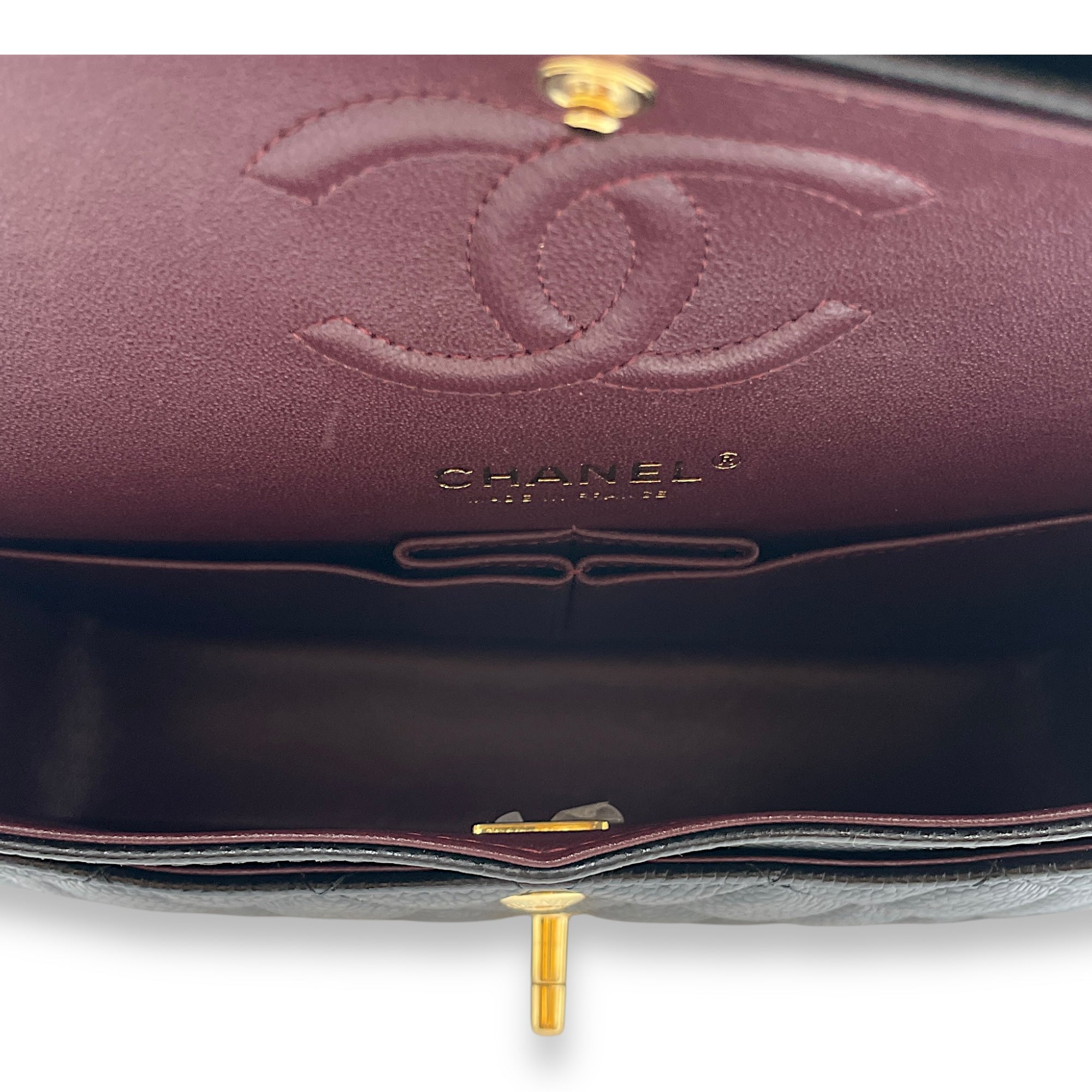 Classic Quilted Small Black Double Flap Bag in Caviar Leather, Gold hardware