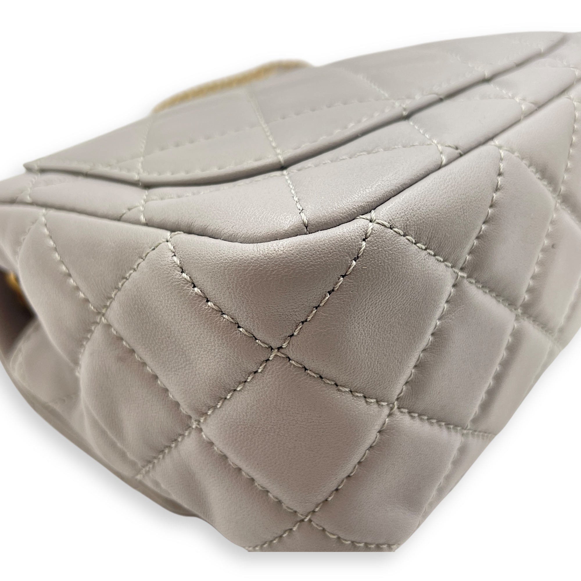 Quilted Pearl Crush Square Mini Grey Flap Bag with Adjustable Chain Strap in Lambskin, Brushed Gold hardware