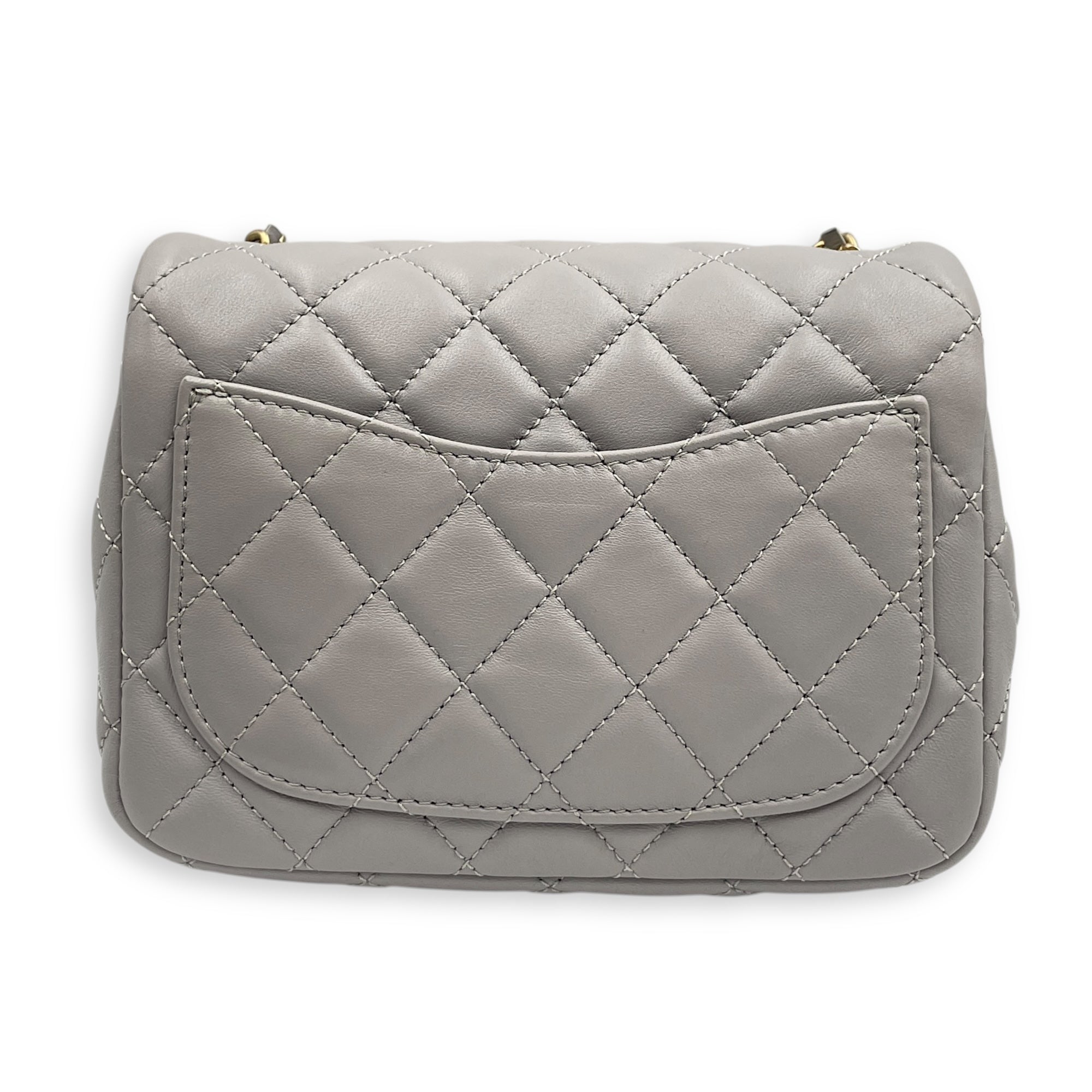 Quilted Pearl Crush Square Mini Grey Flap Bag with Adjustable Chain Strap in Lambskin, Brushed Gold hardware