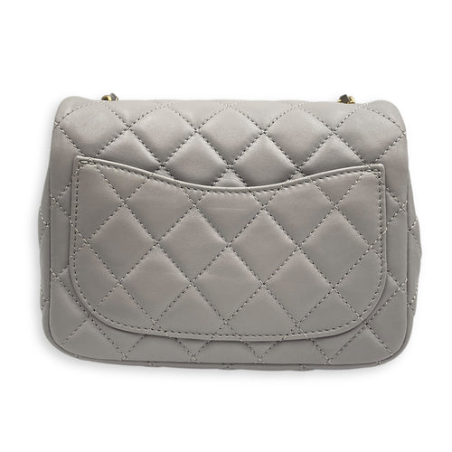 Quilted Pearl Crush Square Mini Grey Flap Bag with Adjustable Chain Strap in Lambskin, Brushed Gold hardware