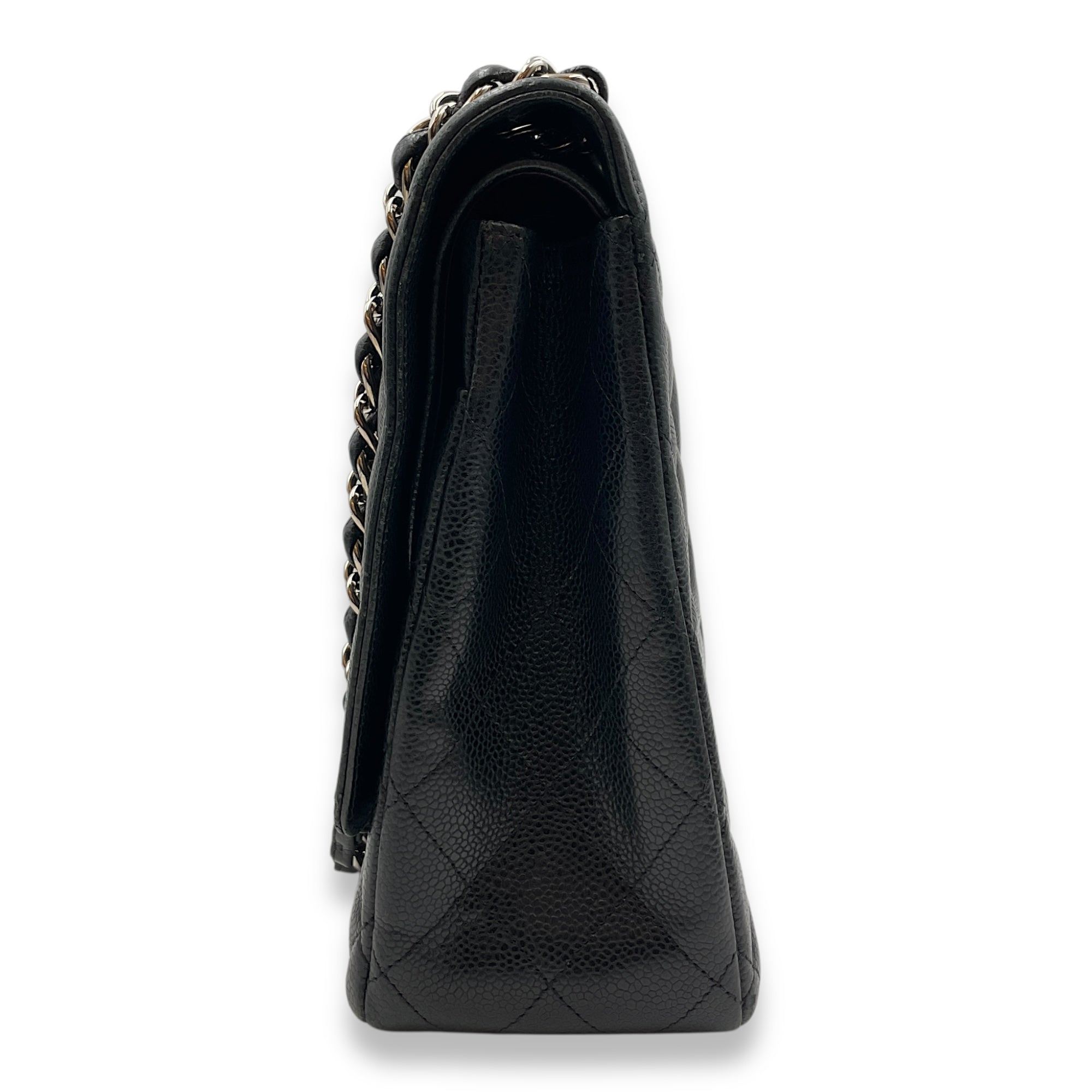 Quilted CC Classic Maxi Black Double Flap Bag in Caviar Leather, Silver hardware