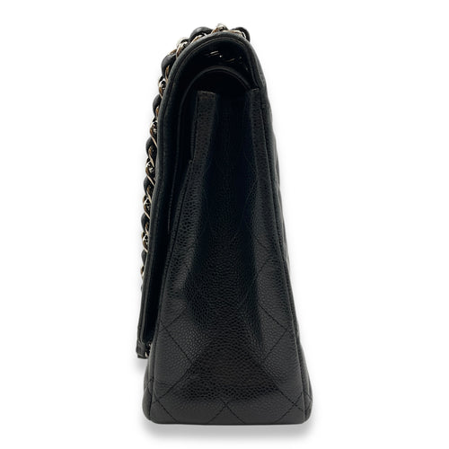 Quilted CC Classic Maxi Black Double Flap Bag in Caviar Leather, Silver hardware