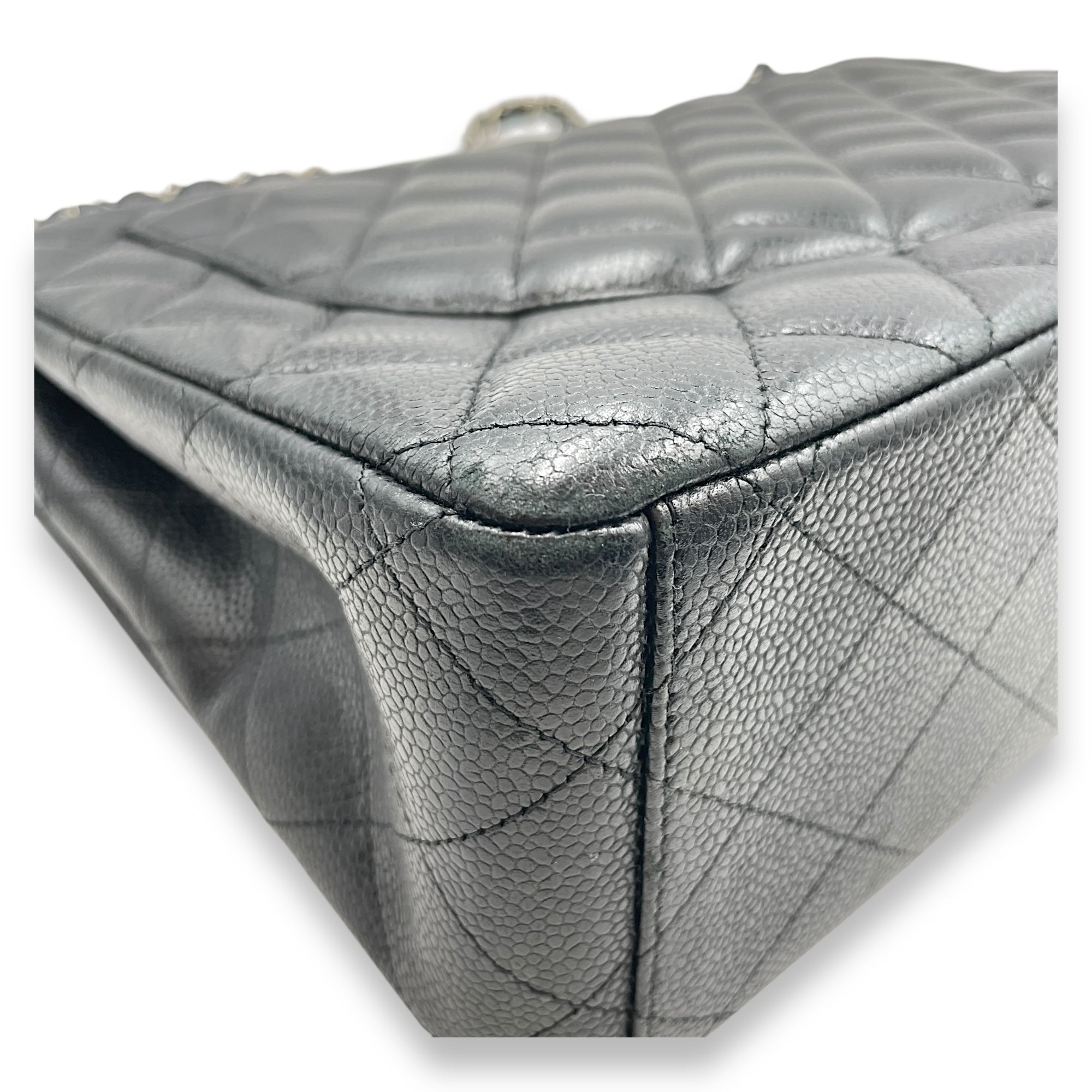 Quilted CC Classic Maxi Black Double Flap Bag in Caviar Leather, Silver hardware