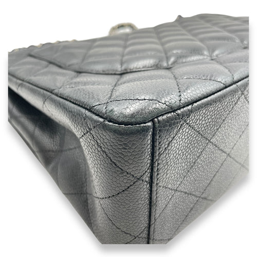 Quilted CC Classic Maxi Black Double Flap Bag in Caviar Leather, Silver hardware